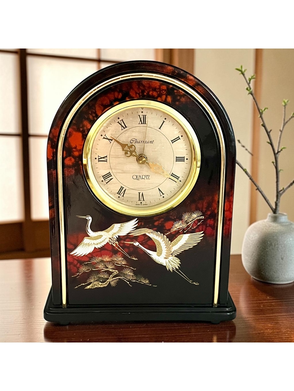 Vintage Charmant Quartz Clock Japan Flying Cranes Gold Lacquer Style